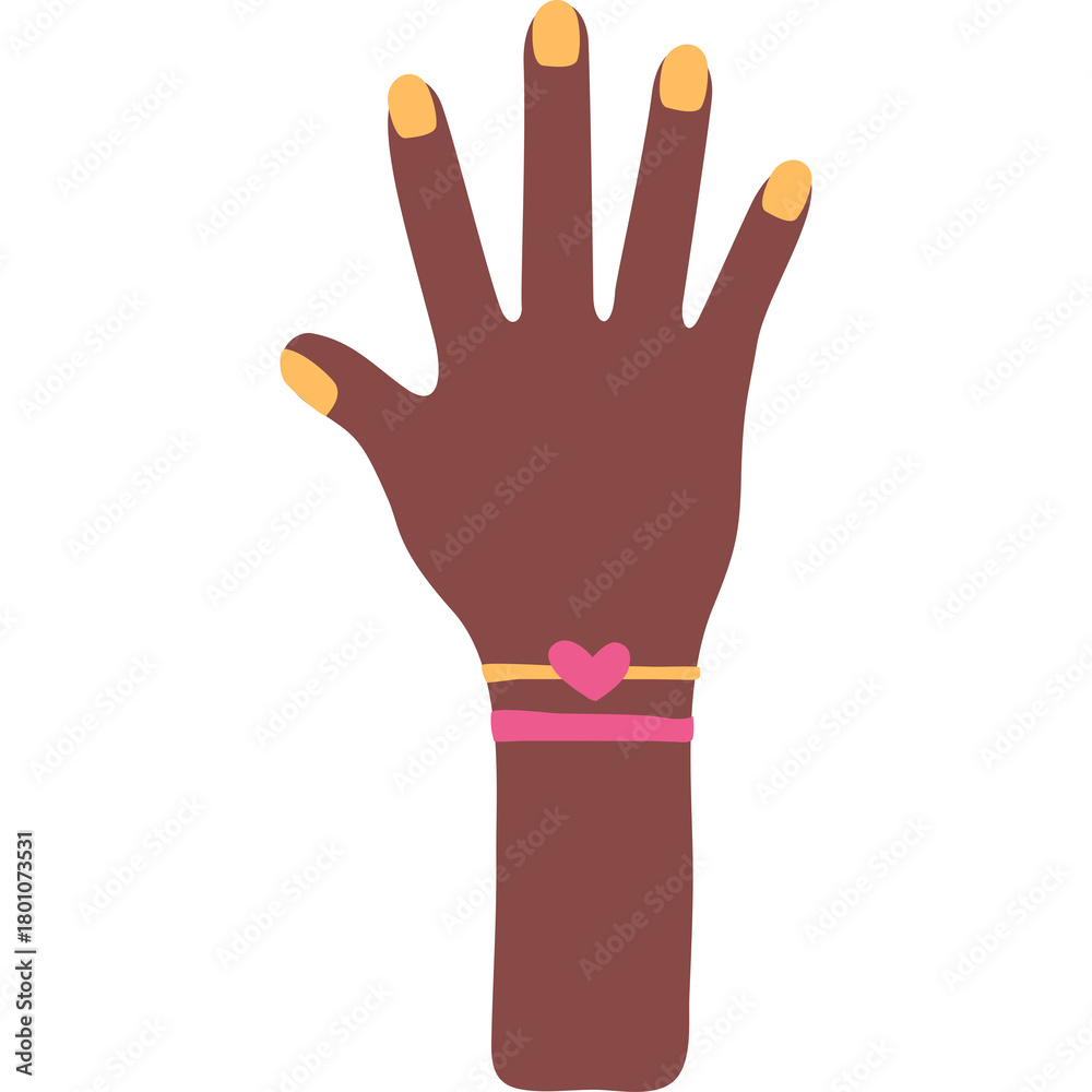 Obraz premium A dark-skinned hand with bright orange nail polish and a pink and gold bracelet with a heart charm is raised against a white background indicating a gesture of greeting or counting
