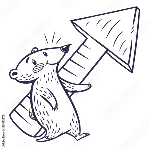 Cute bear character riding an arrow pointing up isolated on