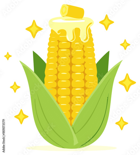 Illustrative ear of corn with melted butter, fresh leaves, and yellow star accents.