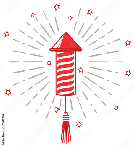 Red Firework Rocket with Starburst and Small Stars Decoration