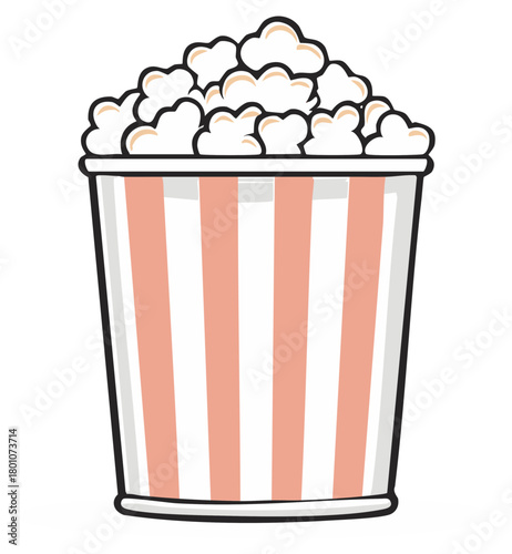 A cartoon illustration of a classic striped bucket overflowing with popcorn snack for a movie night