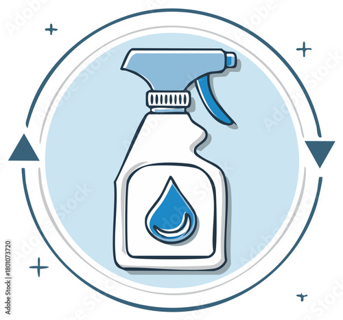 Eco friendly cleaning spray bottle with water drop inside circular arrows in hand drawn style