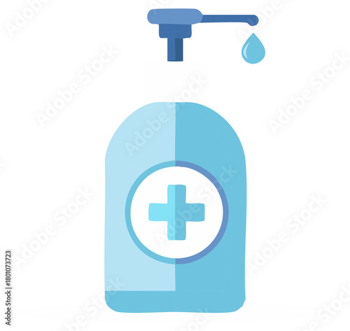 Hygiene concept illustration: a bottle of hand sanitizer with dispenser and drop for hand disinfection and disease prevention