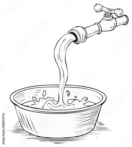Water flowing from a faucet into a bowl, illustration