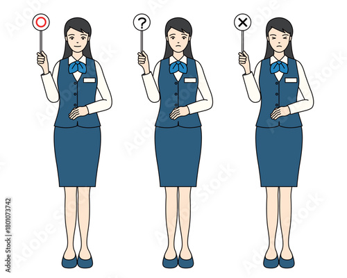Businesswoman holding correct, question, and incorrect signboards in a full-body illustration