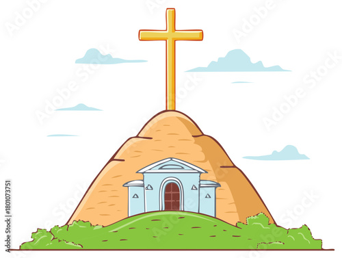 Cartoon illustration of a golden cross on a hill with a small chapel, a religious symbol of Christianity and faith