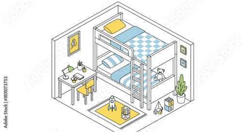 Isometric illustration of a kids bedroom with bunk bed and desk