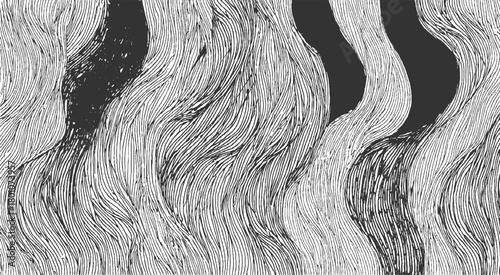 Abstract black and white wavy lines pattern with dark vertical shapes background