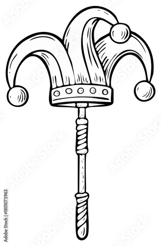 Whimsical jester staff with bells and a fool's hat cartoon illustration