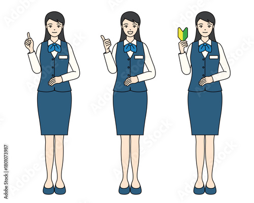 Full-body illustration of a businesswoman with an entry-level driver sign and gestures