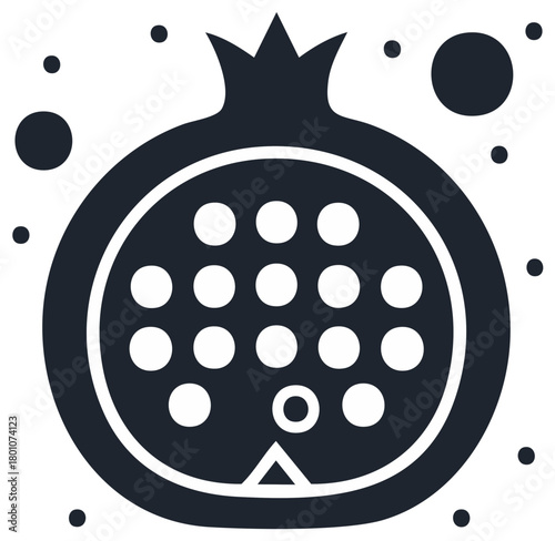 Minimalist dark pomegranate fruit icon with inner seeds and surrounding dots
