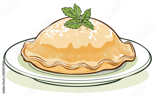 Hand drawn vector illustration of a creamy pudding dessert with a fresh mint garnish on a white plate