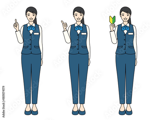 Full-body illustration of a businesswoman with an entry-level driver sign and gestures