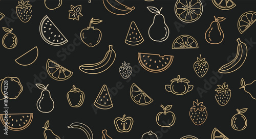 A luxurious seamless pattern showcasing an assortment of metallic gold outline fruits and fruit slices on a sophisticated dark background.