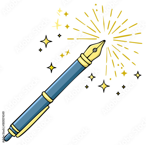 Illustration of a stylish fountain pen with a burst of stars symbolizing creativity and writing skills