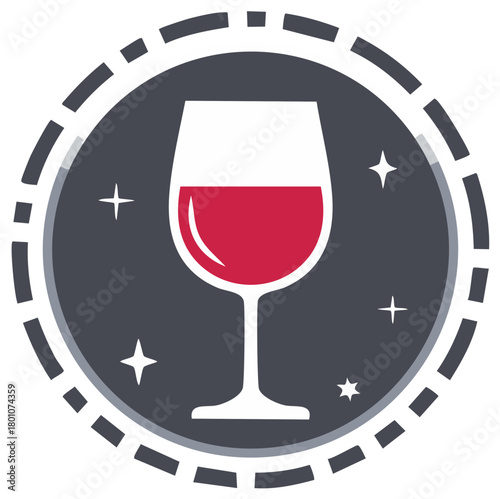 Wine Glass Icon with Stars on Dark Gray Circle Badge Vector Illustration