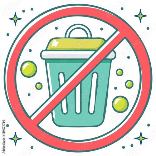 No littering or dumping symbol with trash bin icon, vector conceptual image on prohibition, pollution prevention concept.