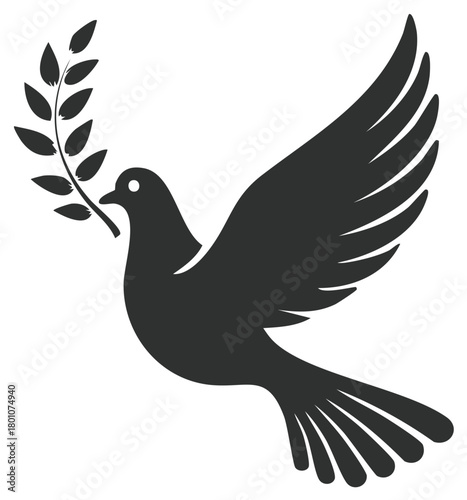Silhouette of a dove bird with olive branch, symbolizing peace, flying against a white background