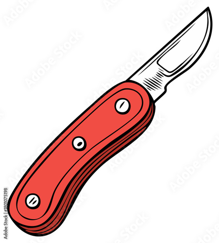 Compact Pocket Knife Illustration with Red Handle and Sharp Blade Tool for Various Tasks