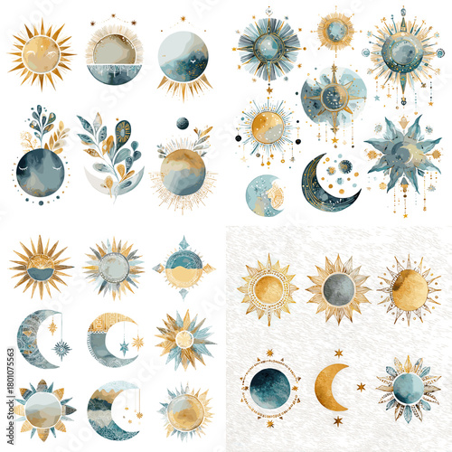 Watercolor celestial icons of suns moons stars and crescents in teal and gold. Mystic cosmic clipart with rays and phases, isolated on white for branding, stickers, posters, and spiritual design.