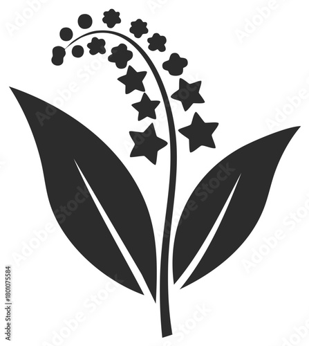 Stylized botanical plant with two broad leaves a stem and unique star shaped flowers