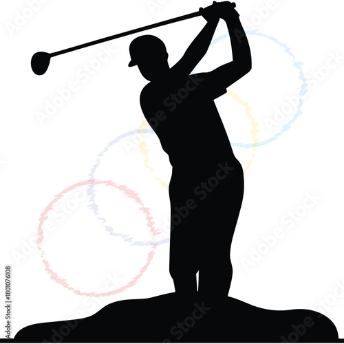 Vibrant Golf Swing Action of a Dedicated Player: An Athletic Sport Silhouette