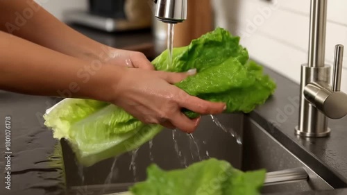 A close-up shot of a person washing fresh green lettuce leaves under running water in a kitchen sink. The image captures the essence of healthy eating and the preparation of fresh food.  Stock Video