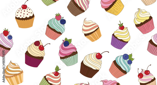 Seamless pattern of sweet and colorful cupcakes adorned with various fruits and frostings on a clean white background.