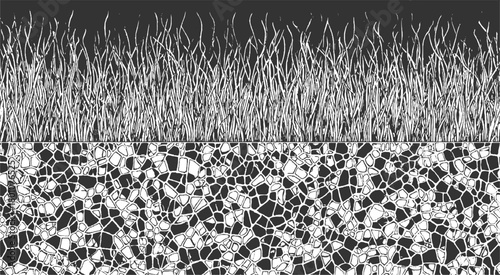 Black and white illustration of tall grass above a pattern of irregular geometric shapes blades