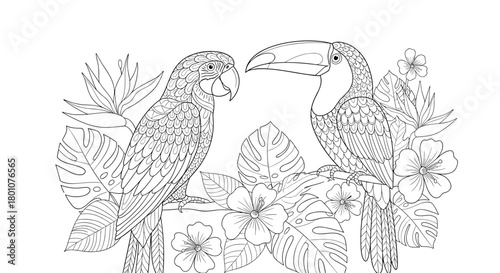 Two tropical birds, a detailed parrot and a toucan, are beautifully illustrated among lush exotic foliage and blooming flowers for coloring.