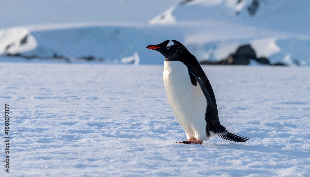 Fototapeta premium Gentoo penguin standing on snow in Antarctica, focused shot.