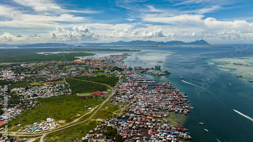 Aerial view of cityscape of the town of Semporna. Borneo, Sabah, Malaysia.