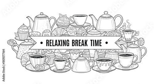 Hand-drawn illustration of a relaxing break time with an assortment of hot beverages and sweet pastries.