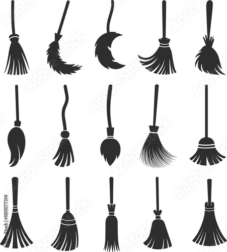 Set of broom and cleaning brush vector icons, different shapes and styles, black silhouette collection for housekeeping, janitorial, hygiene tools, outline illustrations, cad drawing flat vector 