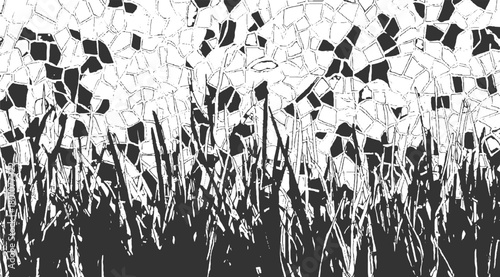 Black and white abstract pattern of tall grass blades against a mosaic background vector