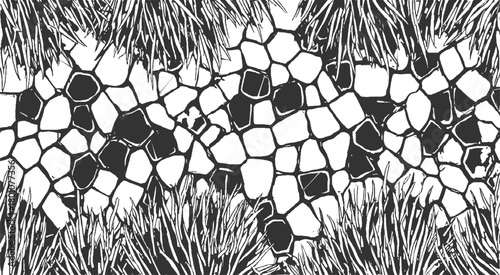 Black and white abstract pattern of grass blades and irregular polygons background