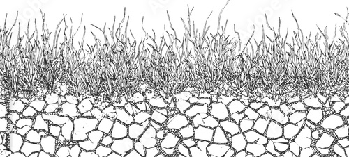 Black and white illustration of grass growing from cracked earth soil ground