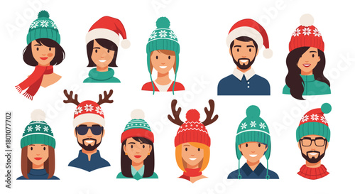 Diverse group of smiling individuals adorned in an assortment of festive winter and Christmas hats, including beanies, Santa hats, and reindeer antlers.