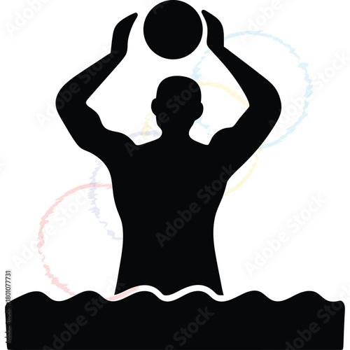 Athlete Playing Waterpolo Sport with Ball in Dynamic Icon Silhouette