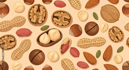 A vibrant and appetizing seamless pattern features a diverse assortment of healthy nuts and seeds, perfect for culinary and design projects.