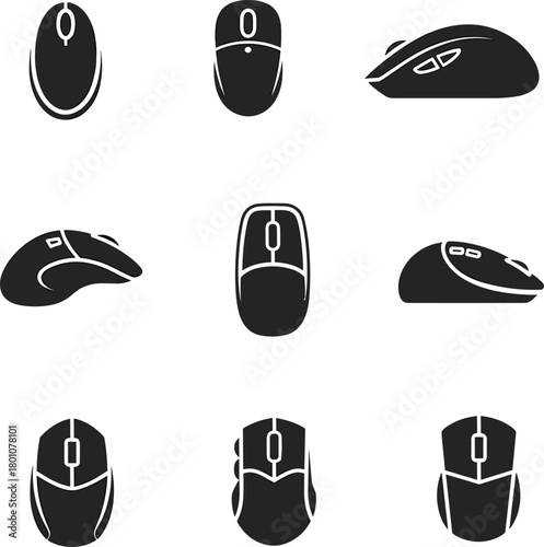 Set of modern computer mouse vector icons, black and white silhouettes, ergonomic and gaming designs, isolated for user interface, tech devices, and electronics art, cad drawing flat vector