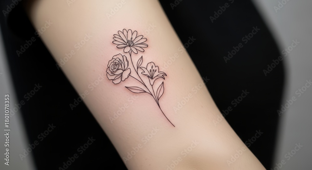 Obraz premium Delicate floral outline tattoo on forearm of caucasian female adult