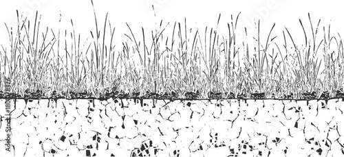 Black and white illustration of grass blades and soil cross section dirt earth