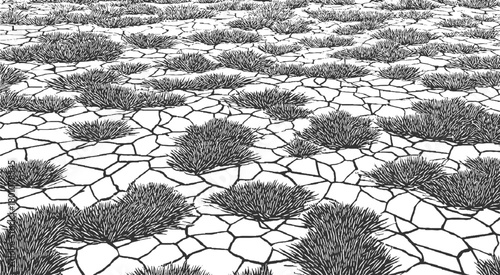 Black and white illustration of dry cracked earth with sparse tufts of grass pattern
