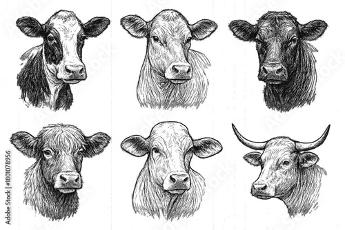 cow head portrait, set of stylized vector symbols