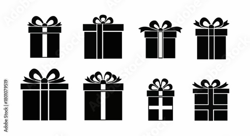 Collection of Black and White Gift Box Illustrations with Ribbons and Bows for Various Occasions