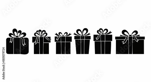 Collection of black silhouette gift box icons with decorative bows, arranged in a row on a white background, symbolizing celebration and surprise