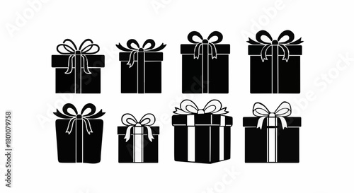 Set of elegant black silhouette gift boxes with decorative bows, ideal for special occasions, holidays, and joyous celebrations