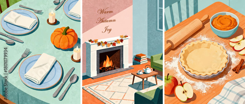 Autumn table setting, cozy fireplace living room, and pumpkin pie baking scene, warm fall illustration with seasonal decor, pumpkins, candles, and festive holiday atmosphere greeting card.