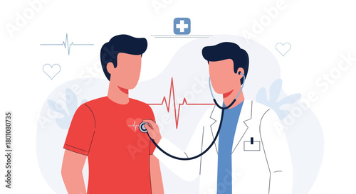 Medical Examination Illustration Depicting Doctor Checking Patient's Heartbeat with Stethoscope